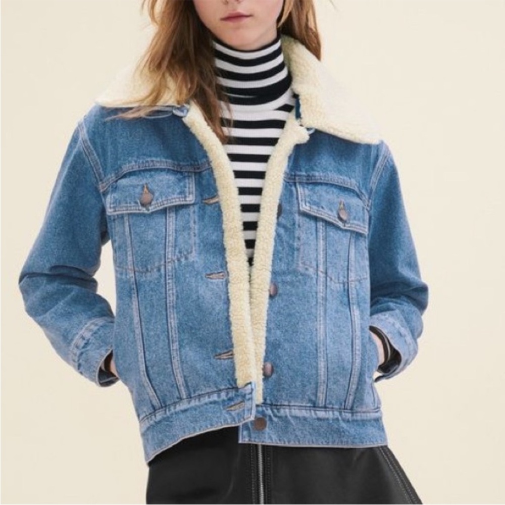 Maje Faux Fur Sherpa Blue Denim Jean Jacket [FR 38 / US Medium]